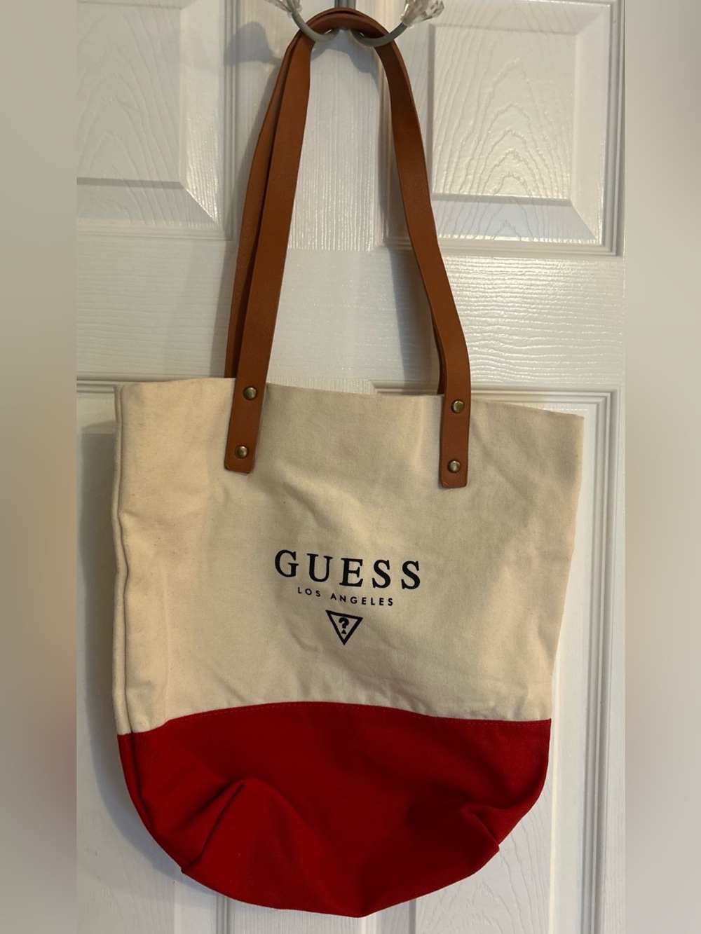 Vintage Guess Los Angeles Canvas Tote Bag Cream and Red with Tan Straps 13”Sz
